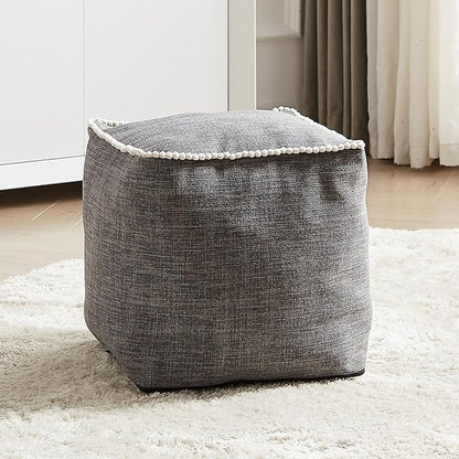 Louis Donné Unstuffed Pouf Ottoman Footstool Cover Gray Cottom Fabric for Storage, Decorative Washable Pouf Footstool with Trim Lace for Living Room House Warming Gifts(Only Cover)