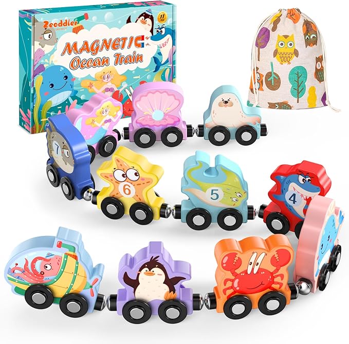 Toys for Toddlers, 11 Magnetic Wooden Sea Animals Train Set, Montessori Toys for Toddlers, Educational Toys for Kids, Birthday Gifts for Boys, Girls