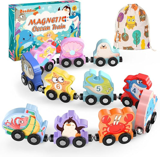 Toys for Toddlers, 11 Magnetic Wooden Sea Animals Train Set, Montessori Toys for Toddlers, Educational Toys for Kids, Birthday Gifts for Boys, Girls