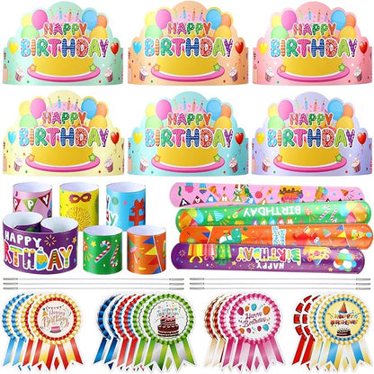 Yunsailing 108 Pcs Happy Birthday Party Supplies for Kids Include 36 Birthday Paper Crowns 36 Birthday Badge Stickers 36 Happy Birthday Slap Bracelets for Classroom School Party Supply(Fresh Color)