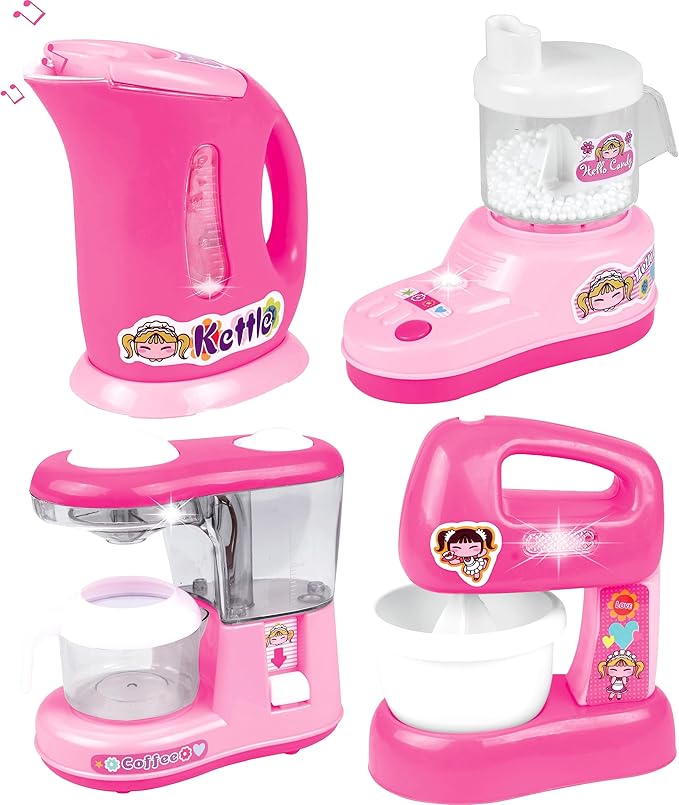 PowerTRC Kitchen Appliance Playset with Light & Sound – Includes Kettle, Coffee Maker, Mixer, and Accessories for Kids Age 4-8 – Fun Pretend Play Kitchen Appliances