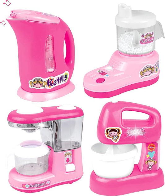 PowerTRC Kitchen Appliance Playset with Light & Sound – Includes Kettle, Coffee Maker, Mixer, and Accessories for Kids Age 4-8 – Fun Pretend Play Kitchen Appliances