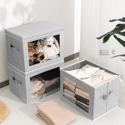 Homsorout Storage Bins with Lids, 3 Pack Large Storage Cubes with Window, Closet Bins with Lids & Handles, Fabric Box for Organizing Clothes, Towels, Books, Blended