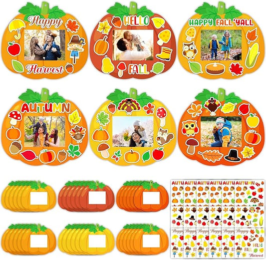 Qyeahkj 36 Sets Fall Thanksgiving Craft for Kids DIY Autumn Pumpkin Picture Frame Craft Kit with Easel Fun Photo Frame Craft and Arts Kit for Home Class Kindergarten Party Art Activity
