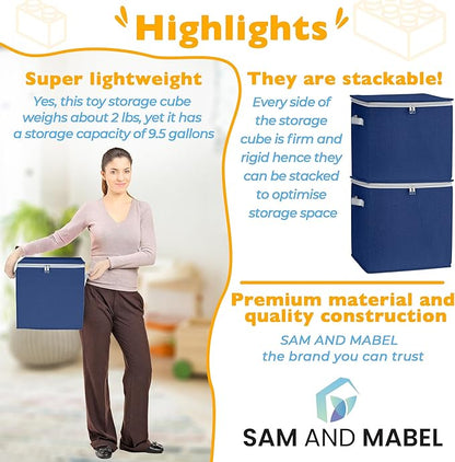 SAM AND MABEL Toy Storage Organizer with Play Mat for Kids – 13" x 13" x 13" Storage Box, Stackable and Foldable Cubby Baskets for Playroom, Nursery Bins for Boys and Girls (Noble Blue)