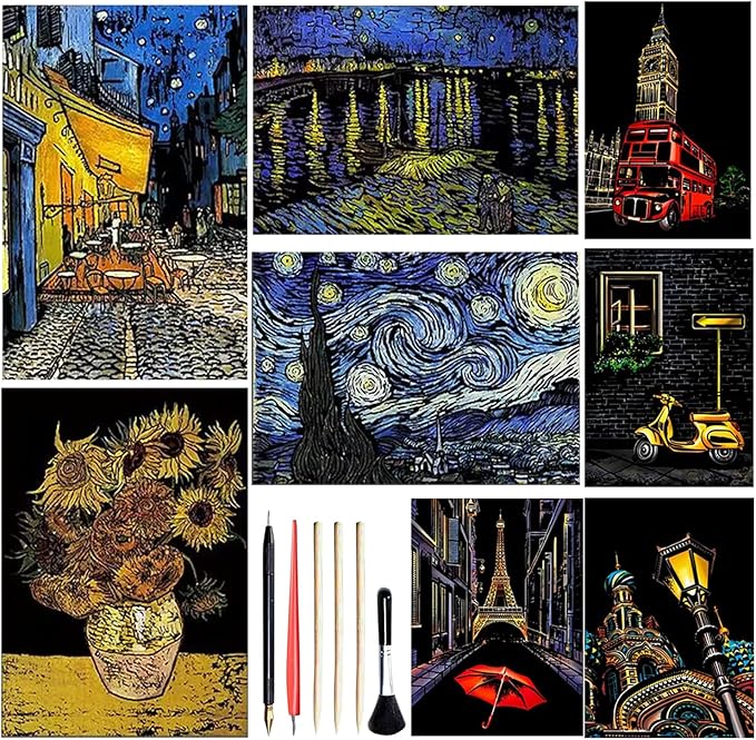 Georgie Porgy Scratch Paper Art Set for Kids Adults Magic Rainbow Scratchboards for DIY Arts and Crafts Kits Christmas Birthday Gift with Scratching Tools Kit (A3+A4-Van Gogh + Street Corner)