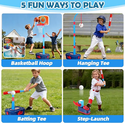 4 in 1 Kids Basketball Hoop and Tball Set for Toddlers 3+, Adjustable Basketball Stand, Hanging Tee Baseball Toy Set, Portable Indoor Outdoor Sports Toys, Birthday for Boys Ages 3-8