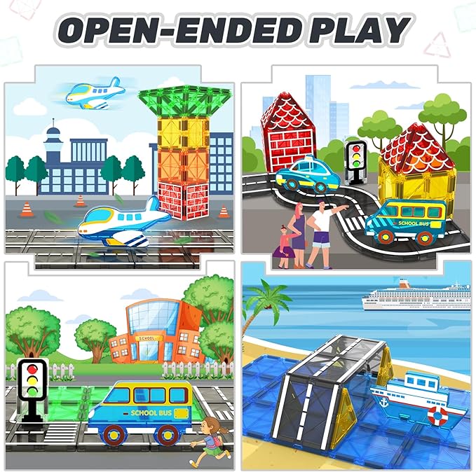 Magnetic Tiles Road Set with Car Toys, Magnetic Building Blocks for Toddlers, STEM Construction Toys for Kids Ages 3+, Gifts Toys for Boys & Girls