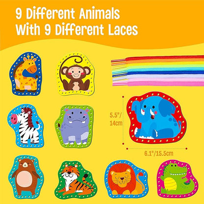 9 Pieces Kids Lacing Cards, Double Sided Sewing Cards in 9 Wild Animals with 9 Colorful Laces, Imagination Development Lacing Toys Games for Children Educational and Learning Activity