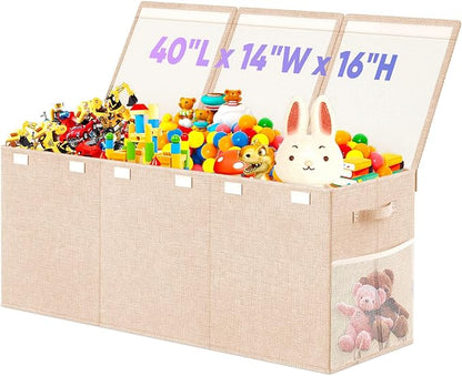 Extra Large Toy Storage Box with Lid Divider, Sturdy Collapsible Toys Organizer Chest Kids Storage Bins Boxes Baskets for Boys, Girls, Nursery, Bedroom, Living Room, Playroom, 40"x14"x16", Beige