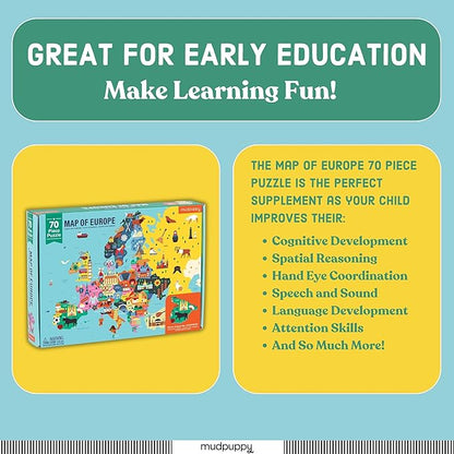 Mudpuppy Map Of Europe – 70 Piece Geography Puzzle with Country-Shaped Pieces and Iconic Landscapes Cultural Items And More