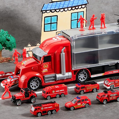 JOYIN 25 in 1 Fire Truck Vehicle Toy Set with Sounds and Lights, Fire Engine Vehicles in Carrier Truck, Mini Rescue Emergency Car Toy, Birthday Gifts for Over 3 Years Old Boys, Easter Basket