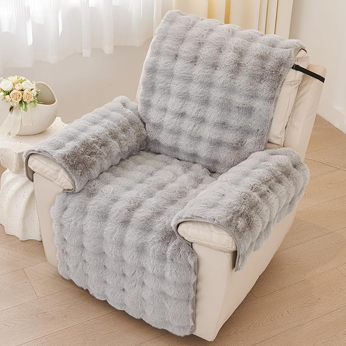 vctops Faux Fur Fluffy Recliner Chair Slipcover Faux Rabbit Fur Non Slip Sofa Cover Super Soft Plush Thick Couch Cover Furniture Protector with Elastic Straps for Kids, Dogs, Pets(Light Grey,24")