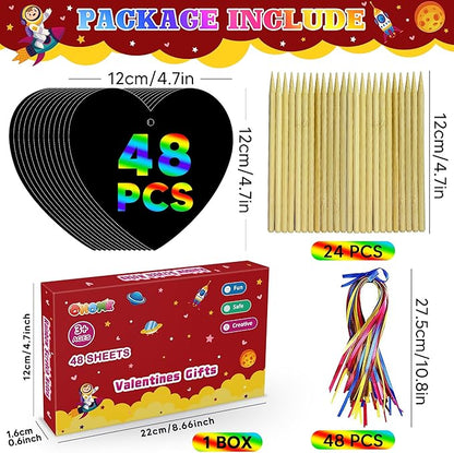 OHOME Valentines Day Crafts for Kids - 48 PCS Valentines Magic Rainbow Scratch Paper Cards Set,Kids Valentines Day Gifts for School Classroom - Valentines Treats Toys Games Party Favors for Toddler