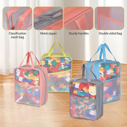4 Pack Extra Large Mesh Toy Zipper Storage Bags(11.8 * 9.8 * 5.2in),Magnetic Tiles Block Sets Plush Toy Storage Organizer with Pockets, Travel Breathable See Through Colored Pouch with Handle