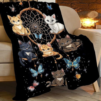 Cute Cat Throw Blanket Dream Catcher Cartoon Cat Gifts for Kids Girls Adults Women Soft Cozy Warm Plush Fluffy Fuzzy Fleece Blanket Birthday Festival Home Decor 40''X50''
