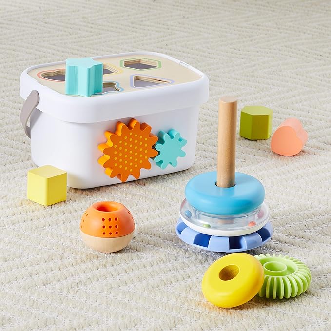 Amazon Basics Wooden Shape Sorter and Rainbow Stacker Classic Baby Toy Set-Sorting Play For Infants Age 12M+, Medium, Multicolor