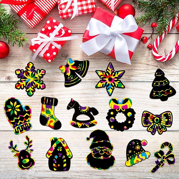 LOKIPA Christmas Scratch Paper Art Set, 80 Pieces Magic Rainbow Scratch Off Cards Ornaments for Kids Christmas
