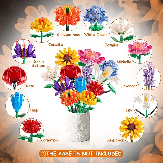 Flowers Bouquet Building Set (1064PCS), 12 Kinds Artificial Flowers Bouquet Set for Adults, Kids, Boys, Girls, Idea Gifts for Mother's Day, Birthdays, Creative Toys Kits Decor for Home Room