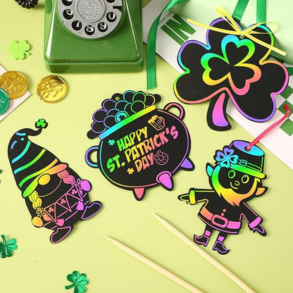 FEBSNOW 48 PCS St. Patrick’s Day Crafts for Kids, Rainbow Magic Scratch Art Shamrock Hanging Ornaments Scratch Paper Cards for St Patricks Day Party Favors Kids School Classroom DIY Crafts Decorations