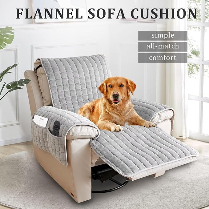 Plush Recliner Slipcover 23 Inches Washable Chair Covers Artificial Wool Lazy Boy Cover Quilted Cover for Recliner Chairs and Furniture,Large Taupe Chair Protector with Side Pocket for Kids/Pets