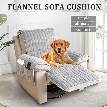 Plush Recliner Slipcover 23 Inches Washable Chair Covers Artificial Wool Lazy Boy Cover Quilted Cover for Recliner Chairs and Furniture,Large Taupe Chair Protector with Side Pocket for Kids/Pets