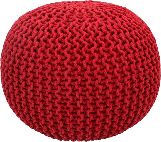 COTTON CRAFT - Hand Knitted Cable Style Dori Pouf - Red - Floor Ottoman - Cotton Braid Cord - Handmade & Hand Stitched - Truly one of a Kind Seating - 20 Dia x 14 High