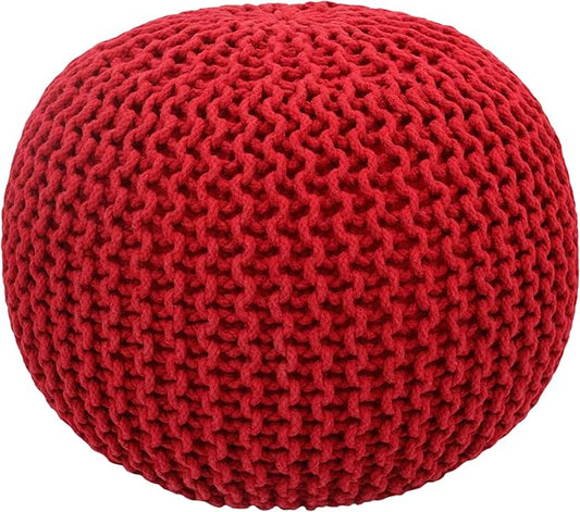 COTTON CRAFT - Hand Knitted Cable Style Dori Pouf - Red - Floor Ottoman - Cotton Braid Cord - Handmade & Hand Stitched - Truly one of a Kind Seating - 20 Dia x 14 High
