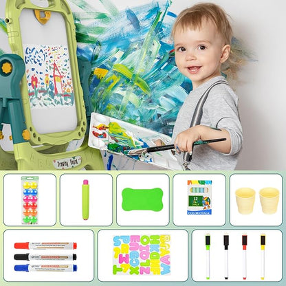 Kids Art Easel, Adjustable Drawing White Board & Chalk Board, Toddler Standing Easel with Painting Accessories, Gift for Girls Boy (Green)