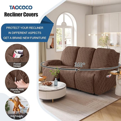 TAOCOCO Recliner Sofa Covers Stretch Reclining Couch Cover, Jacquard Recliner Couch Cover for 3 Seat Furniture Protector Sofa Slipcovers with Elastic Bottom for Kids, Pets(Brown)