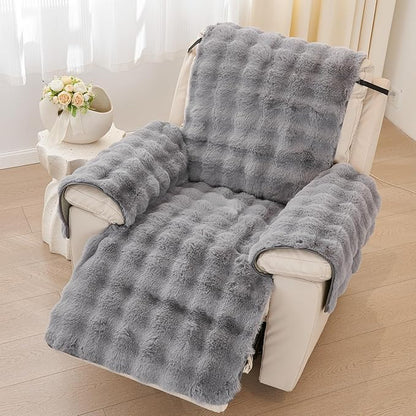 vctops Faux Fur Fluffy Recliner Chair Slipcover Faux Rabbit Fur Non Slip Sofa Cover Super Soft Plush Thick Couch Cover Furniture Protector with Elastic Straps for Kids, Dogs, Pets(Mid Grey,24")