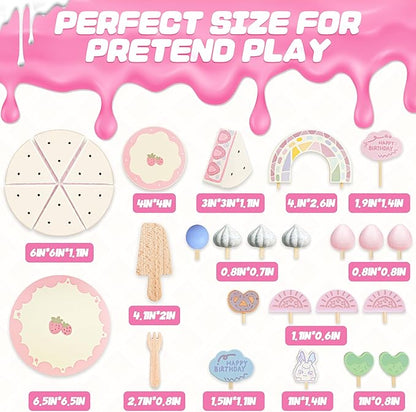 Birthday Cake Toy - Wooden Play Food Fake Birthday Cake Cutting Toys for 3 4 5 Year Old Girl Birthday Gift - Pretend Play Food with Candles&Plates,Tea Party Toys for Kids Age 3+ (28pcs)