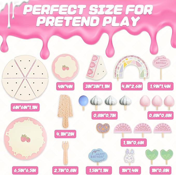 Birthday Cake Toy - Wooden Play Food Fake Birthday Cake Cutting Toys for 3 4 5 Year Old Girl Birthday Gift - Pretend Play Food with Candles&Plates,Tea Party Toys for Kids Age 3+ (28pcs)