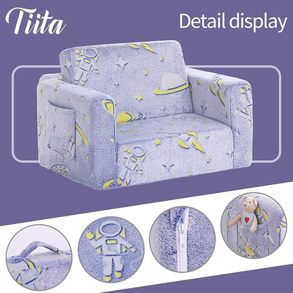 Tiita Kids Sofa, 2-in-1 Kids Sofa Chair, Convertible Children Couch to Lounger, Flip Out Kids Sofa Chair, Toddler Armrest Chair Bed, Folding Kids Play Sofa for Girl or Boy(Blue Astronauts)