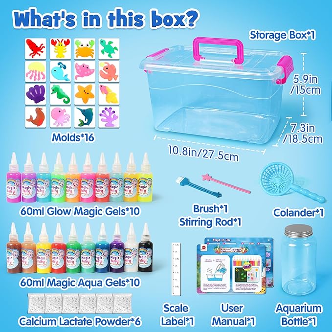 Mocoosy Magic Water Elf Toy Kit for Kids, Glow in the Dark Aqua Fairy Water Gel Kit with 20 Gel & 16 Molds, Make Your Own Squishies, Squishy Maker Water Pets, DIY Art Crafts, Boys Girls Easter Gifts
