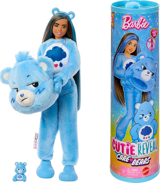 Barbie Cutie Reveal Care Bears Series Doll & Accessories Set with Grumpy Bear Plush Costume & 10 Surprises Including Color Change & Mini Bear