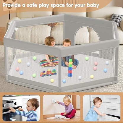 Hiaksedt Large Baby Playpen 65x65 Inch, Play Pens for Babies and Toddlers Hexagonal Type Baby Play Yards for Indoor & Outdoor with Breathable Mesh Anti-Fall