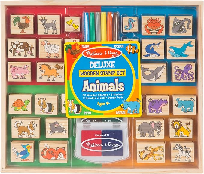 Melissa & Doug Deluxe Wooden Stamp Set: Animals - 30 Stamps, 6 Markers, 2 Stamp Pads Kids Art Projects, Wooden Stamps With Washable Ink, For Kids Ages 4+