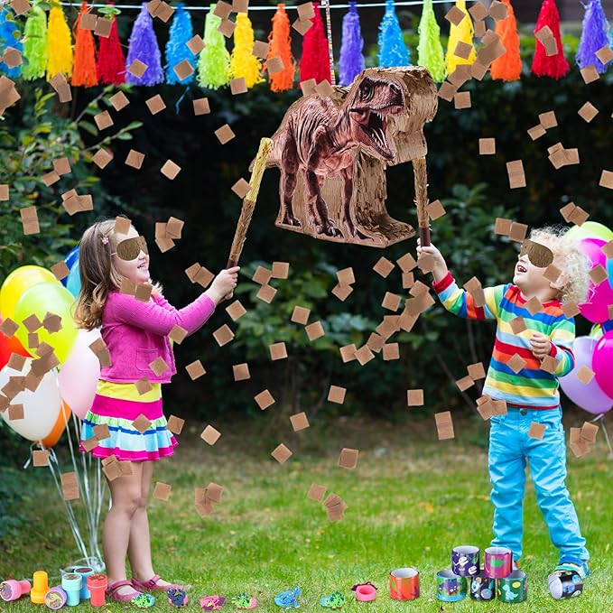 123 Pcs Dinosaur Piñata Set for Birthday Party 15 x 12 x 3'' Dinosaur Piñata with Blindfold Bat Confetti Slap Bracelet Keychain Stamps Sticker Rings Gift Bag for Kids Jungle Party Game Decor