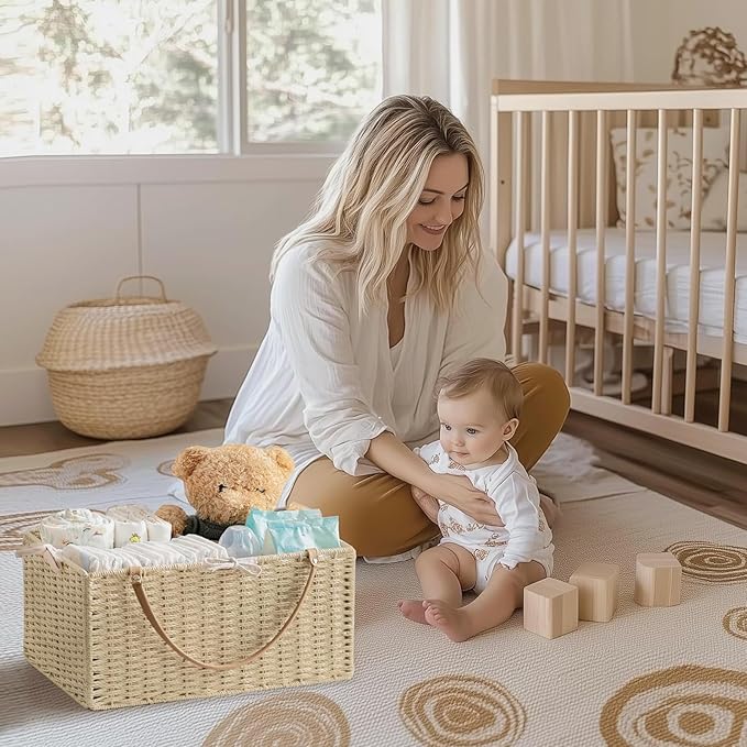 HBlife Baby Diaper Caddy Organizer, Paper Rope Storage Baskets Nursery Bin with Removable Divider, Portable Car Organizer for Diapers, Baby Shower Gifts, Newborn Essentials Must Haves