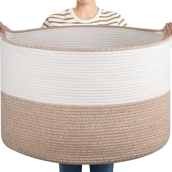 OIASKET XXL Large Blanket Basket with Handles, 105L Woven Storage Basket for Living Room, Cotton Rope Baby Toy Storage for Clothes, Pillows, Towels-Brown & White