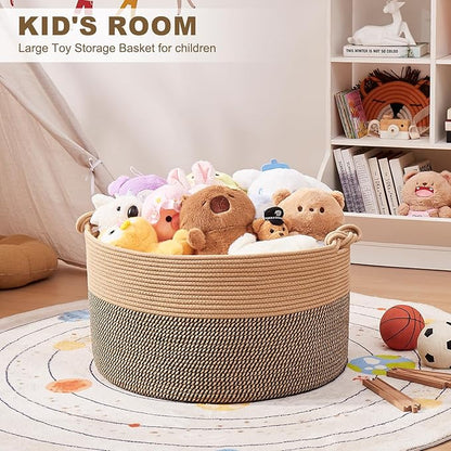 OIASKET Large Blanket Storage Basket for Living Room, 22.8" x 22.8" x 13" Woven Cotton Rope Basket with Handles, Baby Toy Storage, Laundry Hamper for Clothes, Pillows, Towels-Brown and Black