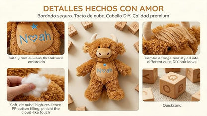 Personalized Highland Cow Stuffed Animal - Custom Name & Date Embroidered Plush Toy - Soft Farm Cow Nursery Decor, Baby Shower & Birthday Keepsake Gift for Boys Girls (10/13/16 Inch)