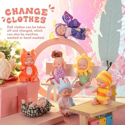Hanaive 10 Pcs 4 Inch Mini Baby Dolls Lifelike Realistic Tiny Baby Dolls with Animal Clothes Cute Infant Figurine Gifts Set for Toddlers Girls Kids 3+ Easter Graduation Birthday(Cute Style)