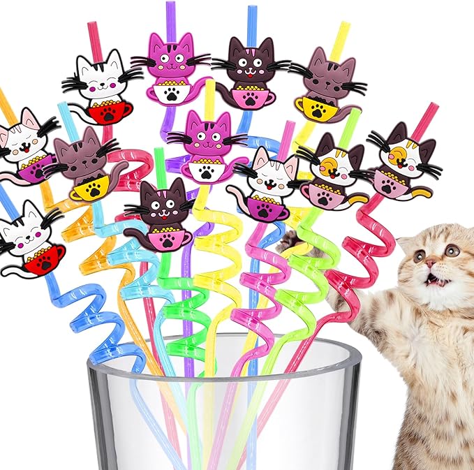 Cat Party Favors for Kids, Cat Themed Birthday Party Supplies with Cat Straw Claw Keychain Slap Bracelet Slap Bracelet Sticker for Girls