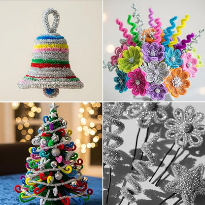 Caydo 200 Pieces Glitter Silver Pipe Cleaners, Thick Fluffy Chenille Stems, Pipe Cleaner Crafts for Arts & Crafts, Perfect for Making Animals, Flowers, and Festive Decorations