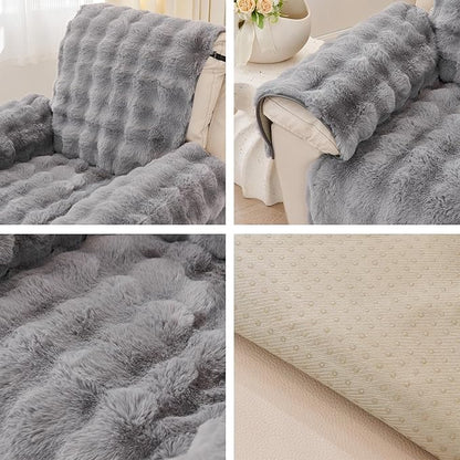 vctops Faux Fur Fluffy Recliner Chair Slipcover Faux Rabbit Fur Non Slip Sofa Cover Super Soft Plush Thick Couch Cover Furniture Protector with Elastic Straps for Kids, Dogs, Pets(Mid Grey,24")