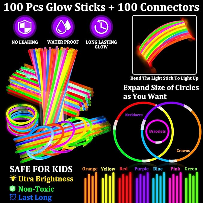 148 PCS New Years Eve Glow in the Dark Party Supplies Favors- 24 Pcs 16" Foam Glow Sticks+12 Pcs LED Glasses+12 Pcs Light Up Bracelets+100Pcs Glow Sticks Bulk Party Pack for Birthday Wedding Carnival