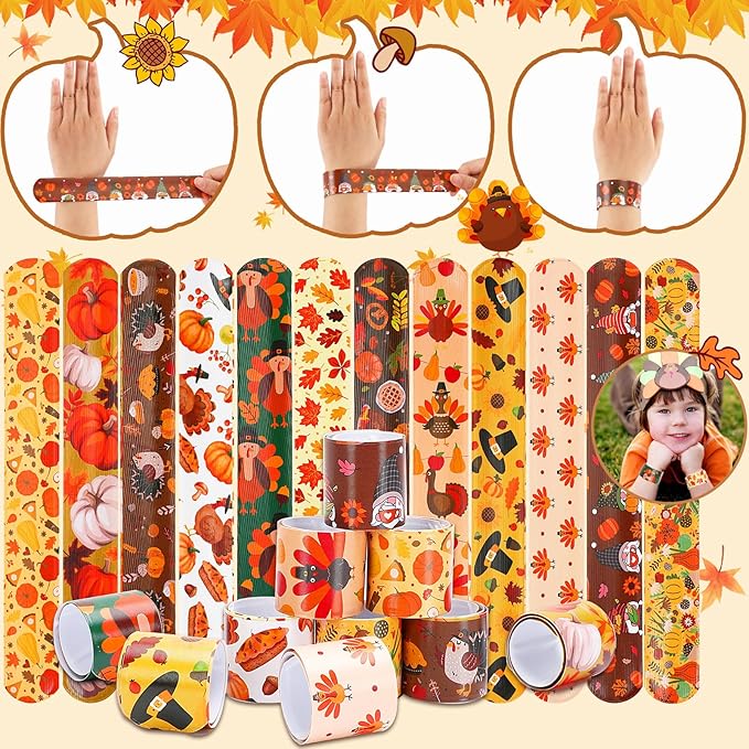 JUNEBRUSHS Thanksgiving Slap Bracelets, 56 Pcs Thanksgiving Gifts for Kids Autumn Maple Leaf Turkey Pumpkin Snap Bracelets Wristbands for Fall Party Favors Decorations Student Classroom Prizes
