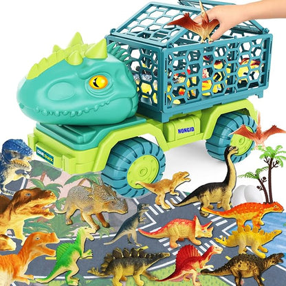 HONGID Dinosaur Truck Toys for Kids 3-5,Tyrannosaurus Car Toy with 15 Dino Figures,Large Activity Play Mat, Dinosaur Eggs, Dinosaur Play Set for Boys and Girls,Christmas Xmax,Stocking Stuffers